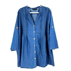 Club Z Chambray Denim V-Neck Shirt Womens 3X Peasant Yellowstone Western Pintuck